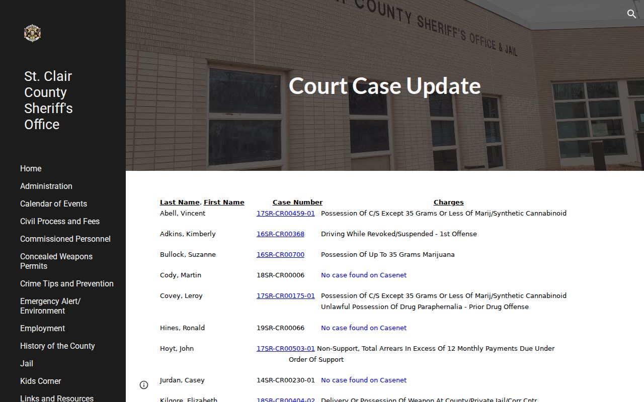 St. Clair County Sheriff Court Case Update table headings