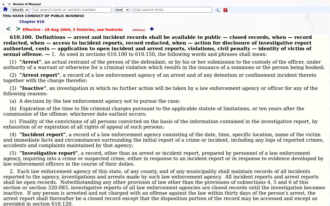 Missouri arrest record opening and closure statute