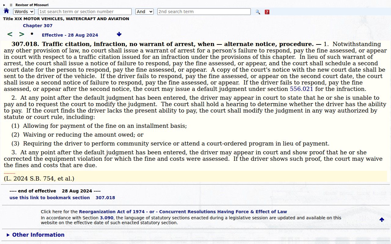 Missouri traffic infraction warrant and notice rule